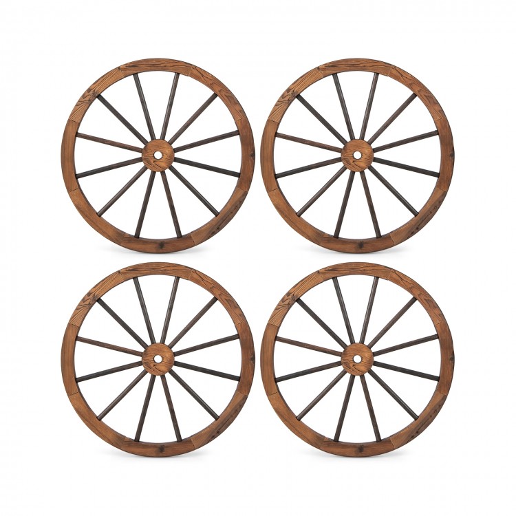 Set of 4 vintage 30-inch decorative wooden wagon wheels with natural wood grain, ideal for garden or garage decor.