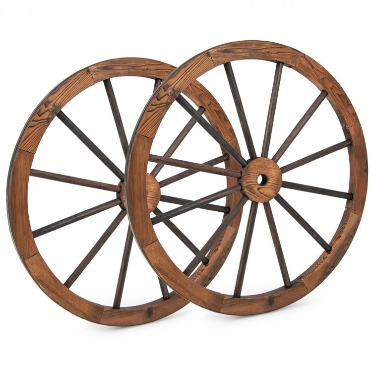 Set of 30-inch decorative wooden wagon wheels with natural wood grain, perfect for garden or rustic wall decor.