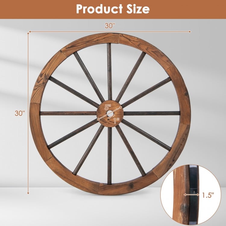 30-inch decorative wooden wagon wheel with natural wood grain and reinforced steel rim, ideal for rustic wall decor.