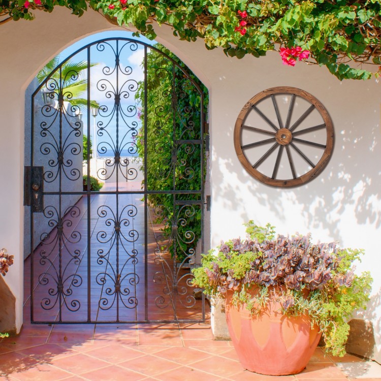 Decorative 30-inch wooden wagon wheel with natural wood grain, ideal for enhancing garden or outdoor spaces.