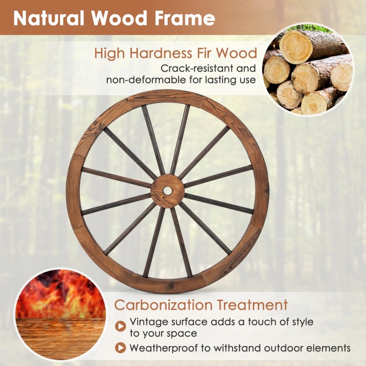 30-inch decorative wooden wagon wheel made of high hardness fir wood, weatherproof for outdoor use, adds rustic charm.