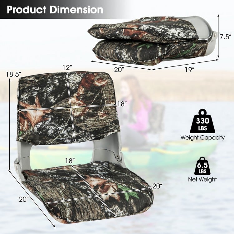 Low back folding padded boat seat in camouflage, featuring waterproof fabric and ergonomic design for outdoor.