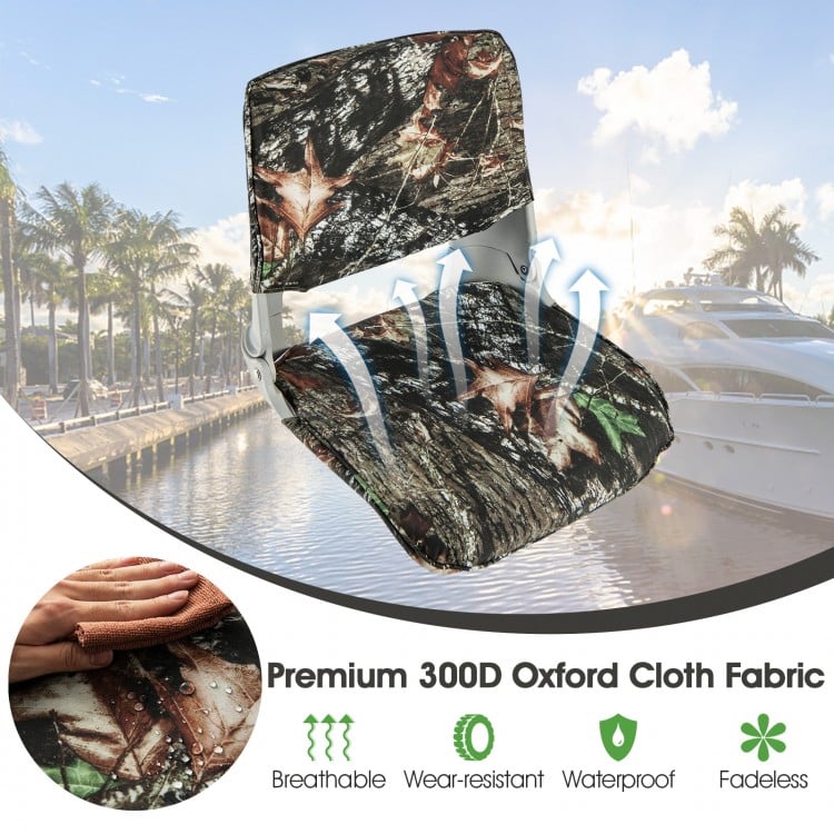 Low back padded boat seat in camouflage, made of waterproof 300D Oxford fabric, ideal for outdoor adventures.