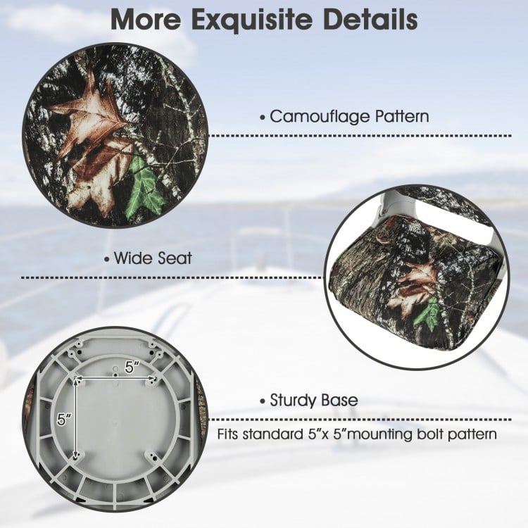 Camouflage patterned low back folding padded boat seat with sturdy base and wide seat for outdoor adventures.