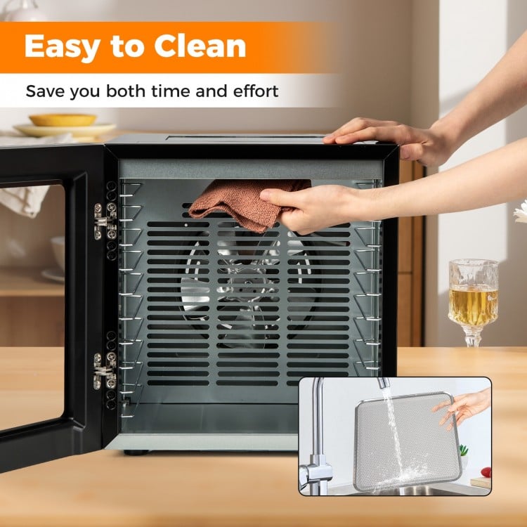 Stainless steel food dryer with easy-to-clean design, featuring 10 presets and 360° airflow for even drying.