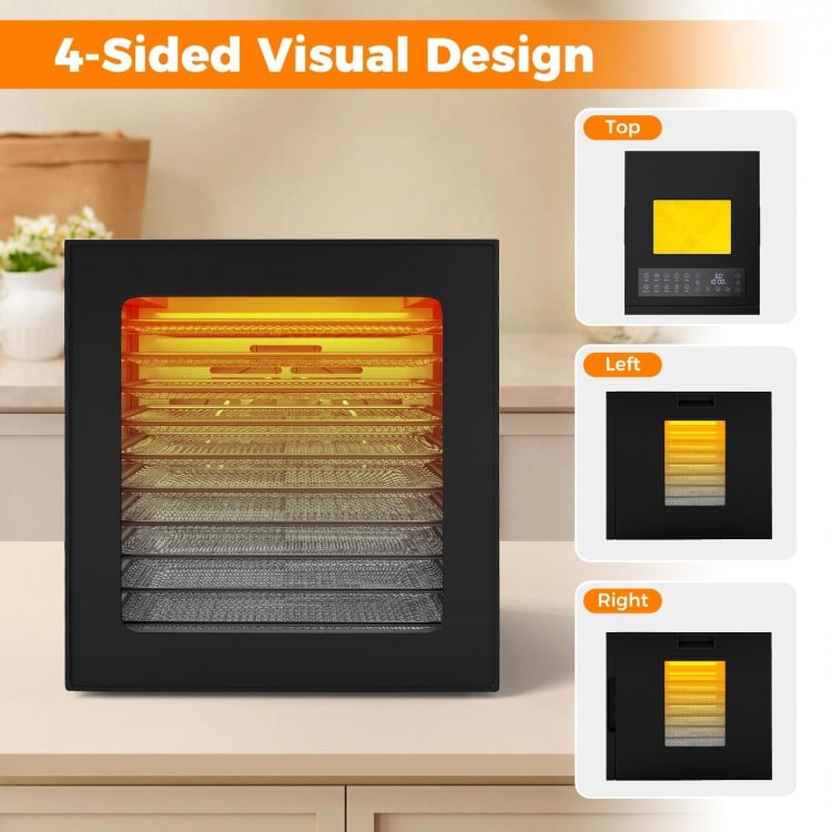 10 stainless steel trays food dryer with 4-sided visual design, LED lights, and digital display for easy monitoring.
