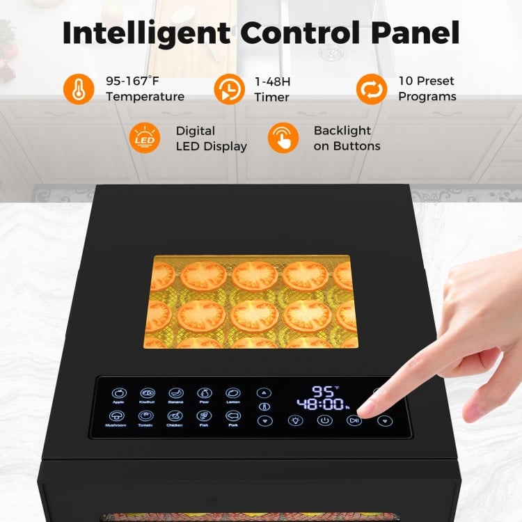 Intelligent control panel of the 10 stainless steel trays dryer with digital LED display and 10 preset programs.
