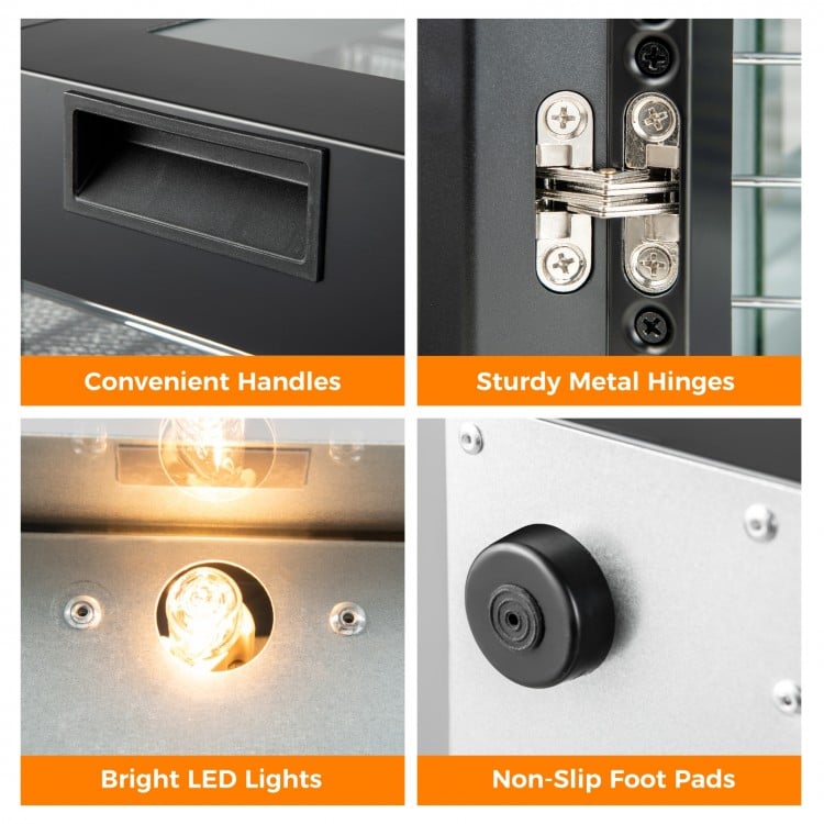 Convenient handles, sturdy metal hinges, and bright LED lights on the stainless steel trays dryer for easy monitoring.