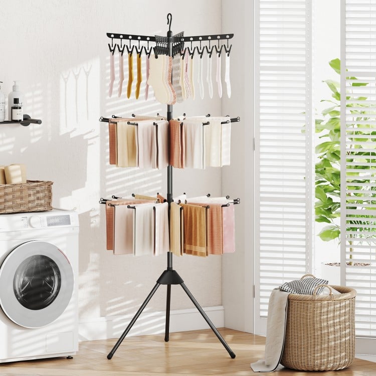 3-tier black tripod clothes drying rack with 24 clips, ideal for small spaces and effective towel drying.