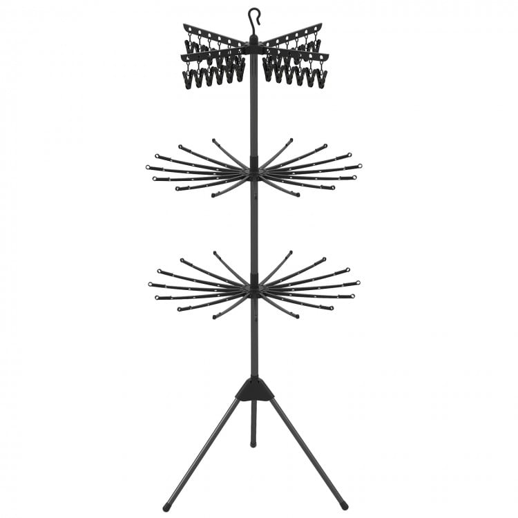 3-tier black tripod clothes drying rack with 24 clips and 360° rotating arms, ideal for small living spaces.