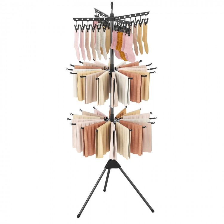 3-tier tripod clothes drying rack with 24 clips, black, designed for efficient drying and easy storage in small spaces.