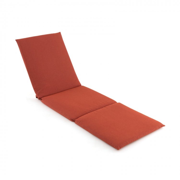 Tri-fold outdoor chaise lounge cushion in orange with fixing straps, ideal for poolside relaxation and comfort.