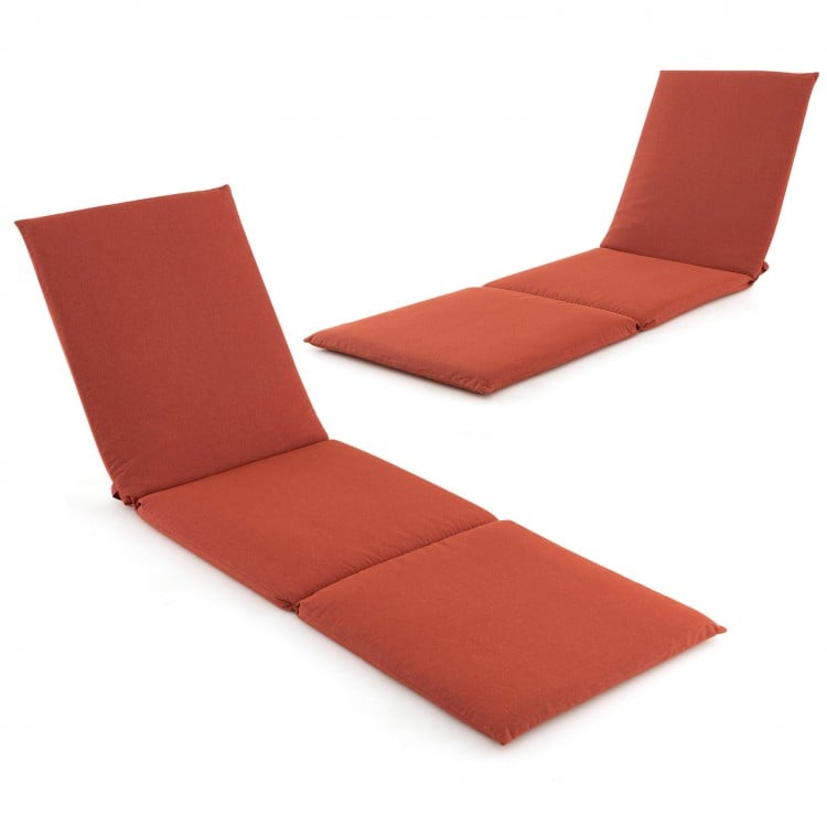 Folding orange chaise lounge cushion viewed from the side, featuring foam padding and fixing straps for outdoor comfort.