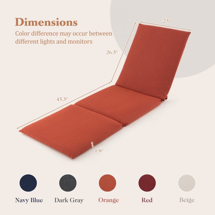 Orange tri-fold outdoor chaise lounge cushion with fixing straps, ideal for patio furniture and comfortable seating.