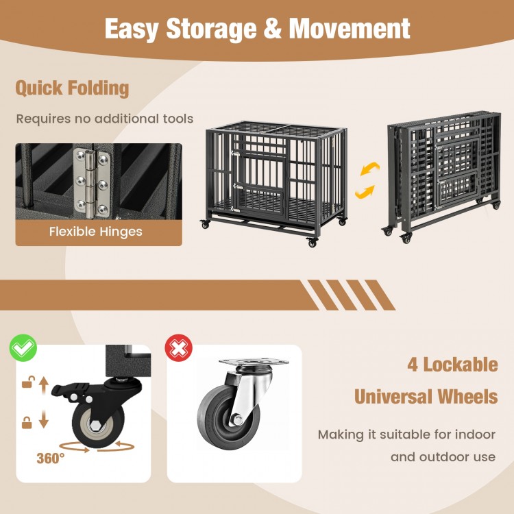 Foldable heavy-duty metal dog cage with lockable wheels, designed for easy storage and safe indoor/outdoor use.