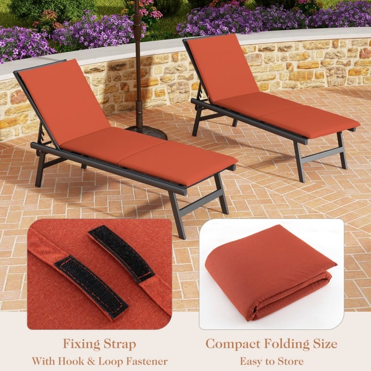 Orange outdoor chaise lounge cushion with fixing straps, foam padding, and compact folding design for easy storage.