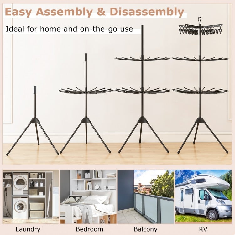 3-tier black folding clothes drying rack with 24 clips, ideal for small spaces and easy assembly for laundry use.