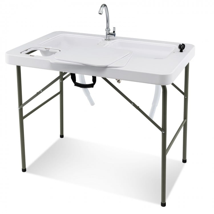 Fish cleaning table with two sinks, durable HDPE, and 360° rotating faucet for easy outdoor use and cleaning.