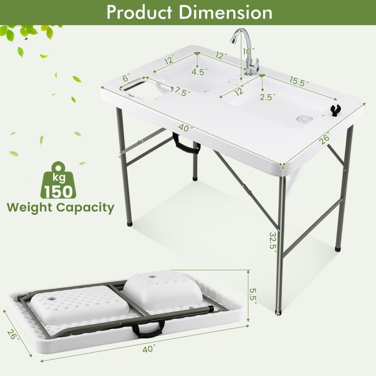 Fish cleaning table with two sinks, stainless steel faucet, and folding design for easy storage and transport.
