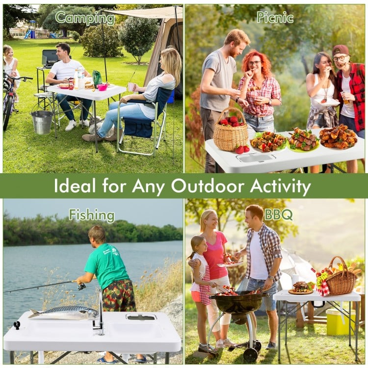 Fish cleaning table with 2 sinks and 360° rotatable faucet, ideal for outdoor activities like camping and BBQ.