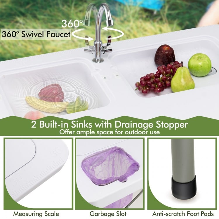 Fish cleaning table featuring two built-in sinks, 360° swivel faucet, and durable HDPE material for outdoor use.