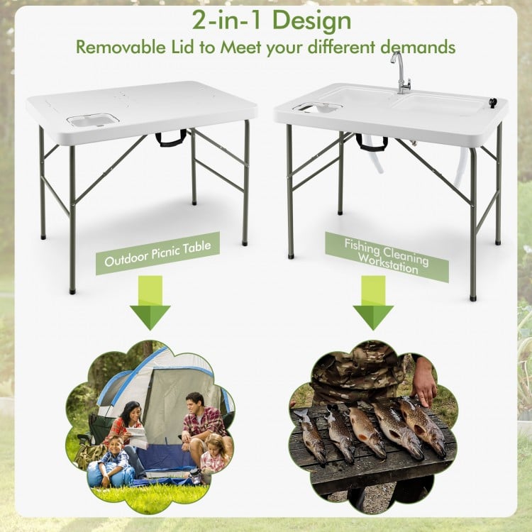 Fish cleaning table with two sinks and a 360° rotating faucet, ideal for outdoor cooking and fish preparation.