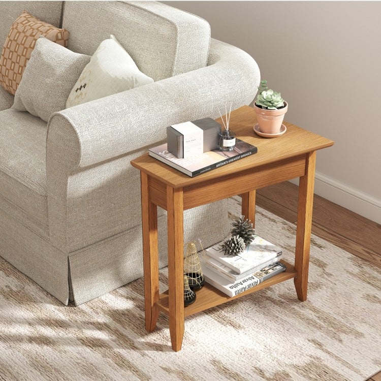 2-Tier Wedge Narrow End Table with Storage Shelf and Solid Wood Legs - Gallery View 2 of 10