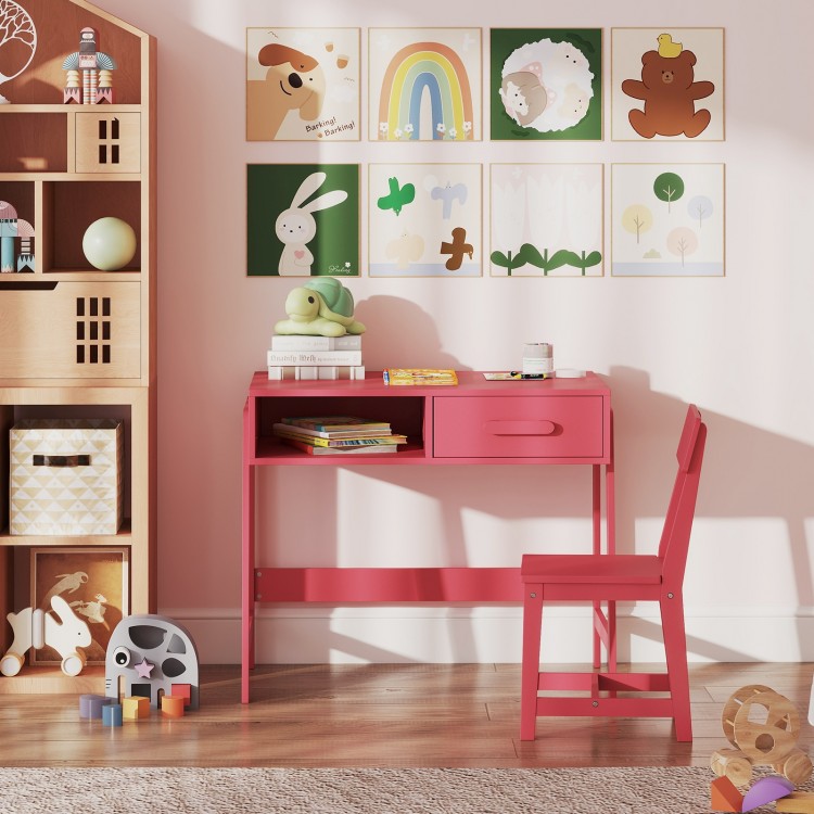 Kids desk and chair set in pink with storage drawer, ideal for studying and play, featuring a stable design and.