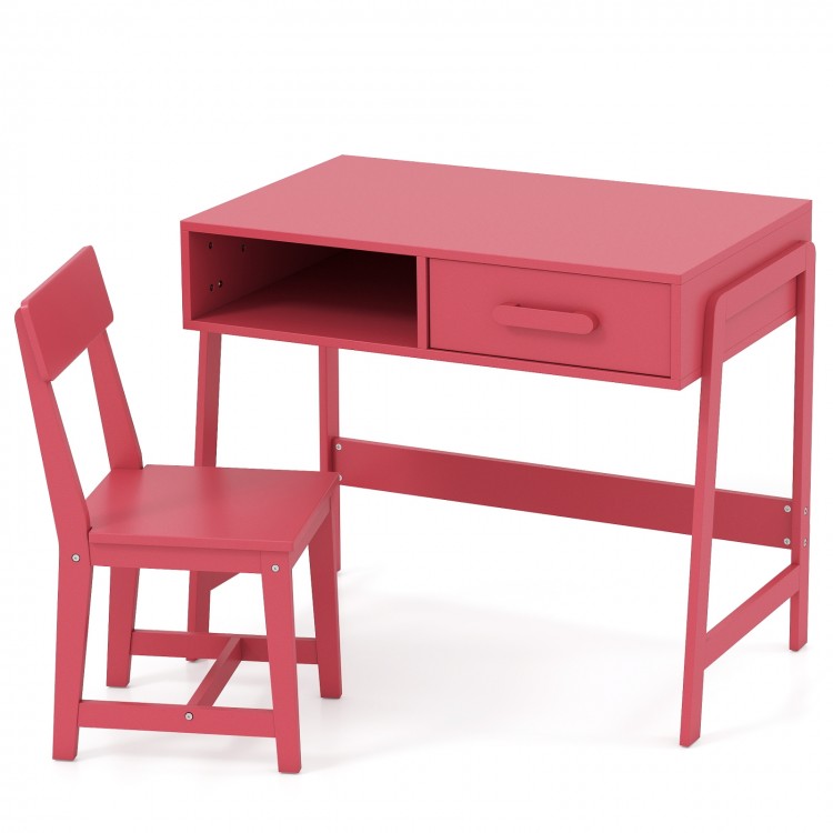 Kids pink desk and chair set featuring a storage drawer and hutch, perfect for studying and playing.