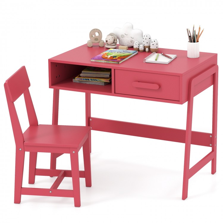 Kids desk and chair set in pink with storage drawer and hutch, perfect for studying and playing.