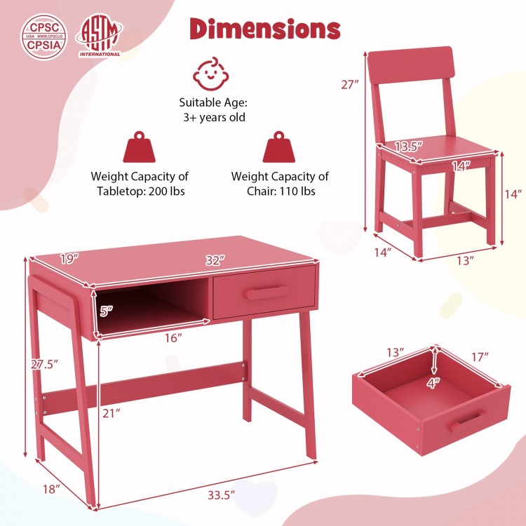 Kids desk and chair set in pink with storage drawer, ideal for studying and playing, featuring ergonomic design and.