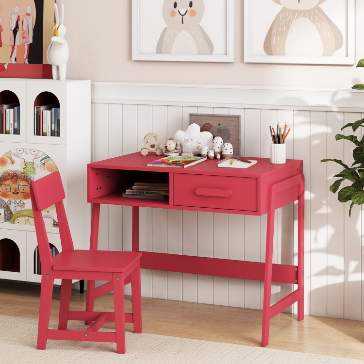 Kids desk and chair set in pink with storage drawer and hutch, perfect for studying and playing in a safe environment.
