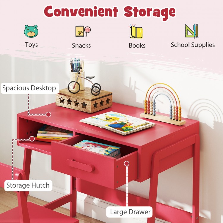 Kids desk and chair set in pink featuring a spacious desktop, large drawer, and storage hutch for toys and school.