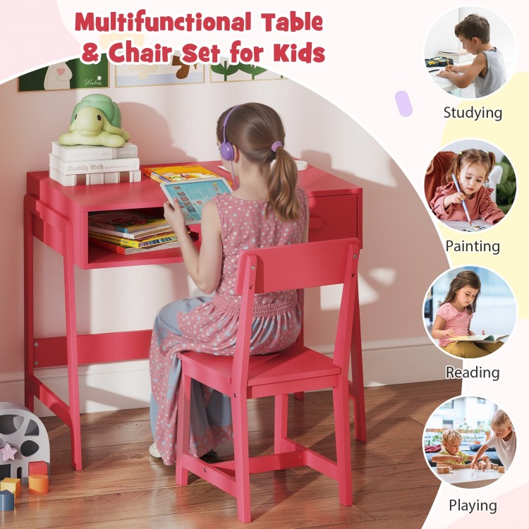 Kids desk and chair set in pink with storage drawer, ideal for studying, painting, and reading activities.
