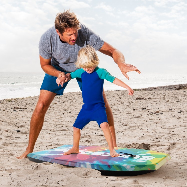 Lightweight multicolor body board with EPS core and XPE deck, ideal for beach fun with kids and adults.