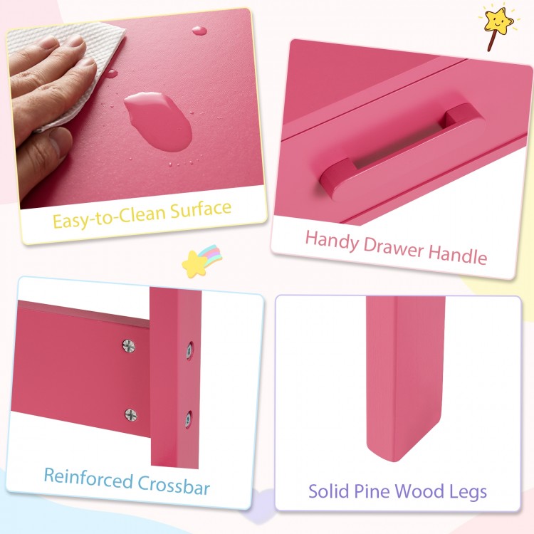 Close-up of the pink kids desk showing the easy-to-clean surface and handy drawer handle for convenient storage.