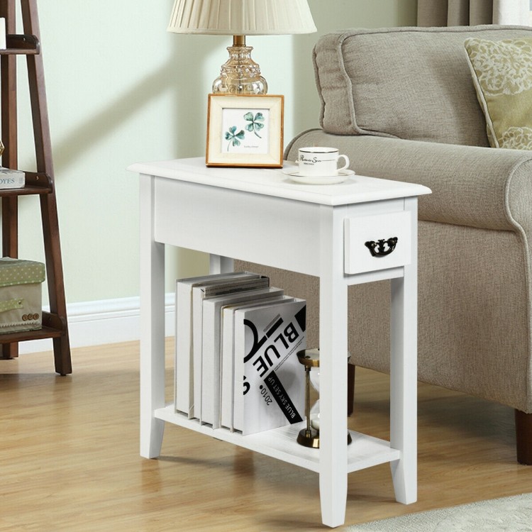 White 2-tier end table with drawer and open shelf, perfect for narrow spaces in living rooms or bedrooms.