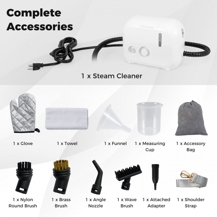 1500W portable steam cleaner with 34 oz water tank and complete accessories for efficient cleaning on various surfaces.