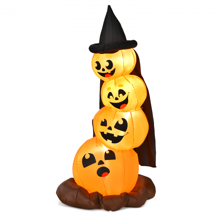 7-foot Halloween inflatable pumpkin combo with witch's hat, featuring LED lights and unique expressions for festive.