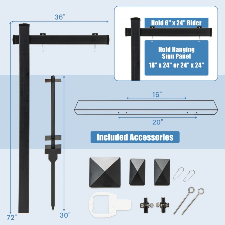 Black 6 feet vinyl UPVC real estate sign post with 36" arm, includes accessories for easy installation in yard.