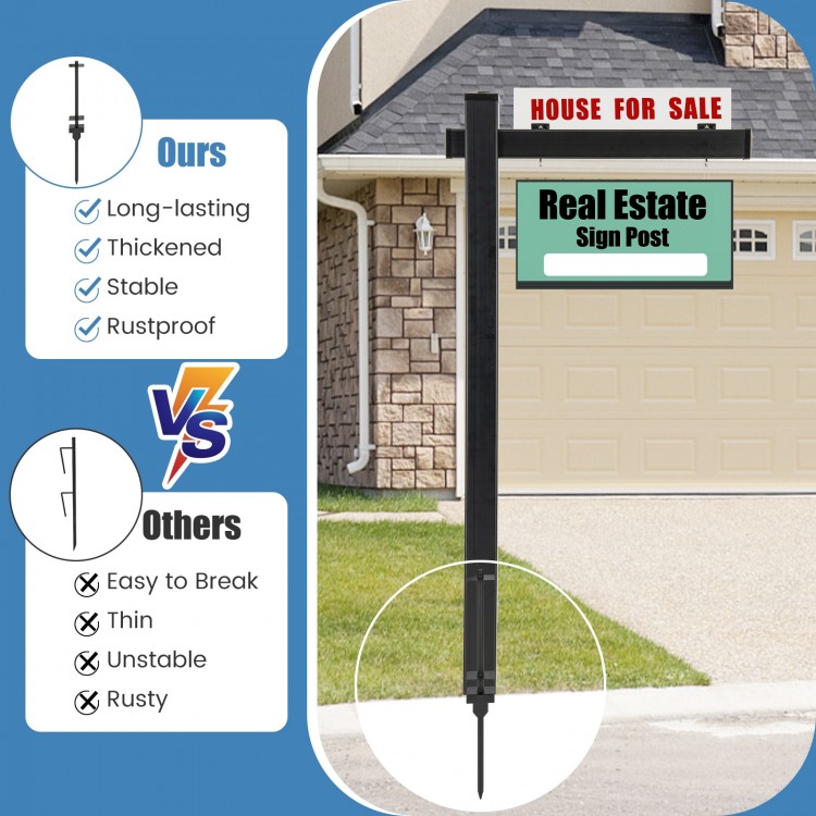 6 feet black vinyl UPVC real estate sign post with rigid steel stake, ideal for open house and home sale displays.