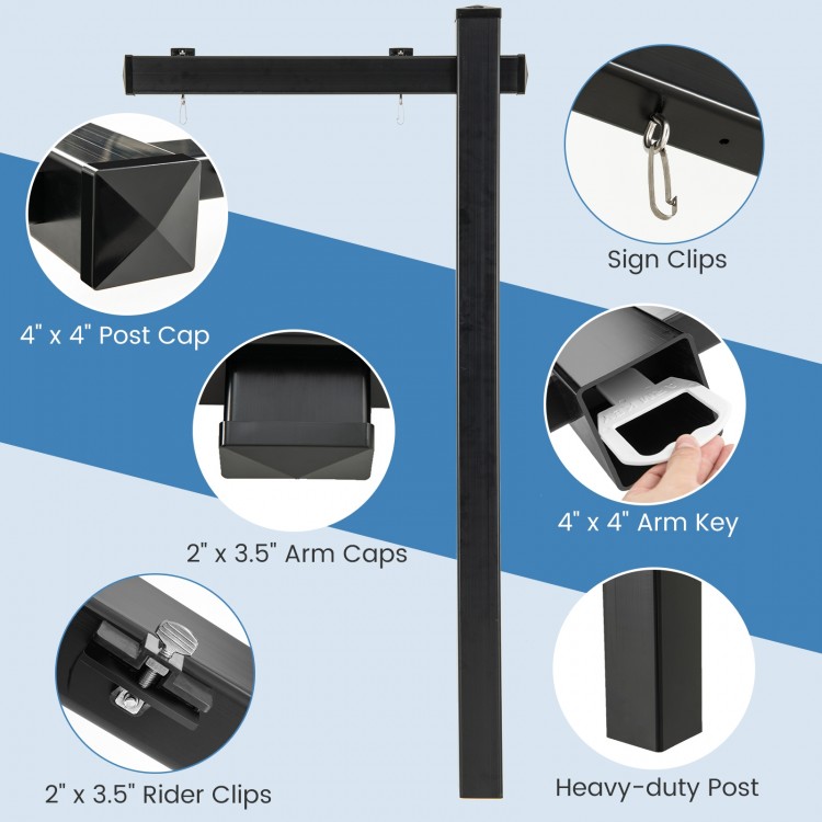 Heavy-duty 6 feet black vinyl real estate sign post with stainless steel clips and arm key for easy mounting.