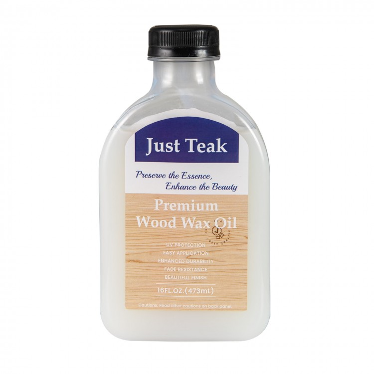 Wood wax oil for teak care, 16 fl oz, enhances wood grain and provides UV protection for indoor and outdoor furniture.