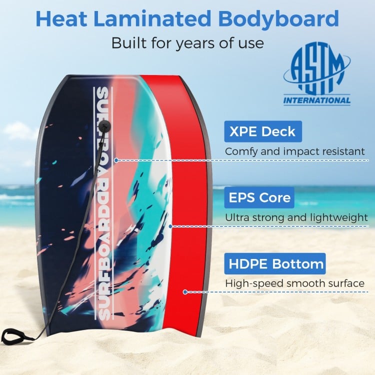 Lightweight bodyboard with multicolor design, XPE deck, EPS core, and HDPE bottom for speed and control at the beach.