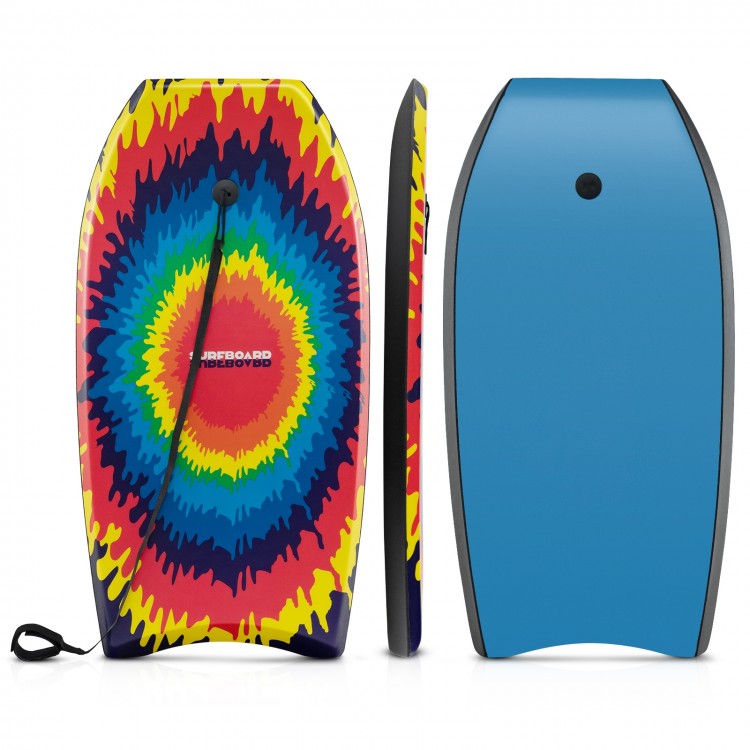 Multicolor 33-inch body board with EPS core, XPE deck, and HDPE bottom, perfect for beach and pool fun.