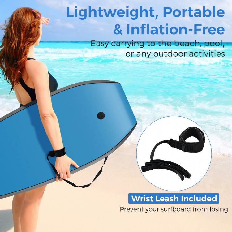 Lightweight body board with EPS core and XPE deck, featuring a wrist leash for easy carrying to the beach or pool.
