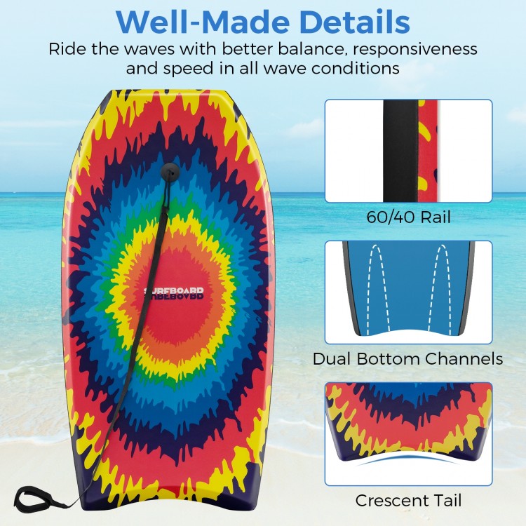 Lightweight 33/37/41 inch body board with multicolor design, EPS core, XPE deck, and crescent tail for speed and.