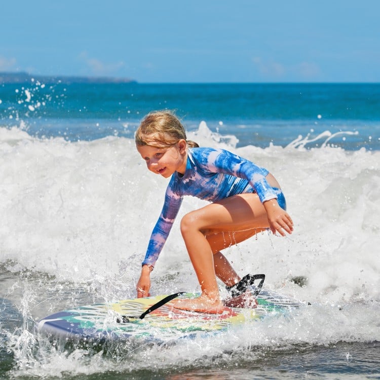 Lightweight 33/37/41 inch boogie board with XPE deck, EPS core, and HDPE bottom, perfect for beach fun and surfing.