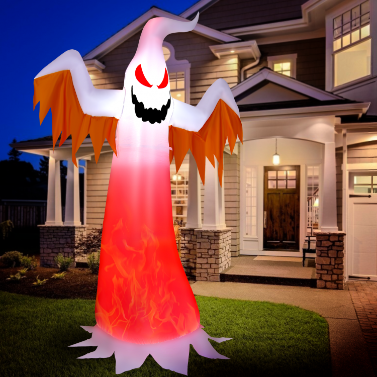 8-foot Halloween inflatable ghost with rotatable flame LED lights, perfect for yard decoration and creating a spooky.