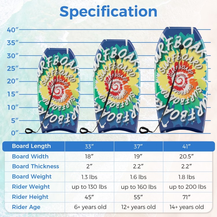 Lightweight body boards in 33", 37", and 41" sizes with EPS core, XPE deck, and HDPE bottom for beach fun.